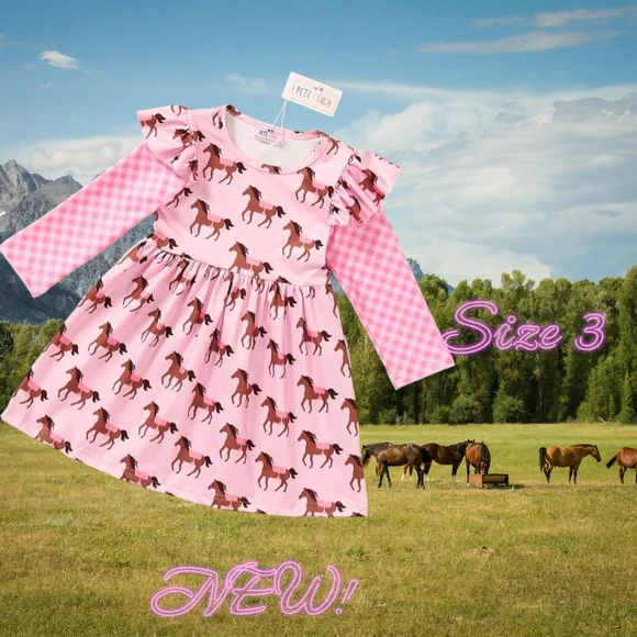 New! Size 3T Pink Horse Print Kids Casual Dress - Picture 1 of 1